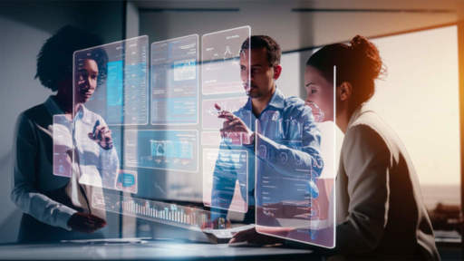 Diverse team collaborating around a futuristic holographic interface