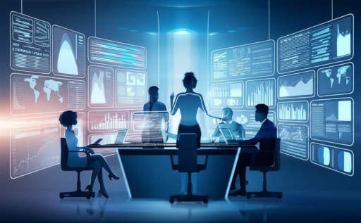 Futuristic office environment with holographic displays and collaborative team